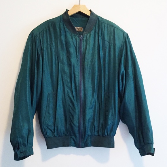 Vintage Jackets & Blazers - Vintage retro green silk bomber jacket 100% silk